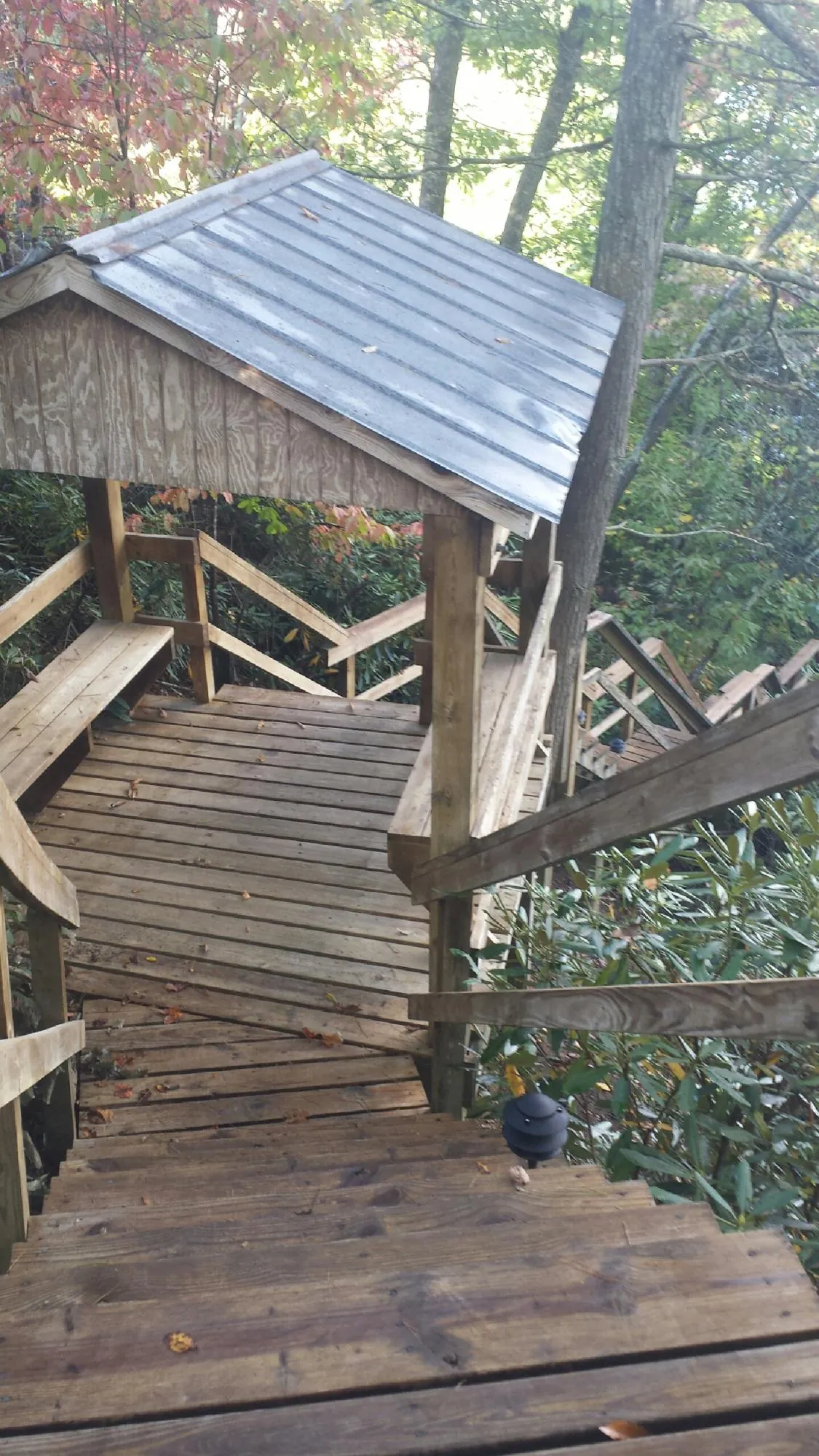 Metal roofed shelter over wooden steps on a wooded walkway — Skylight Repair & Installation work by our crew in Carlos